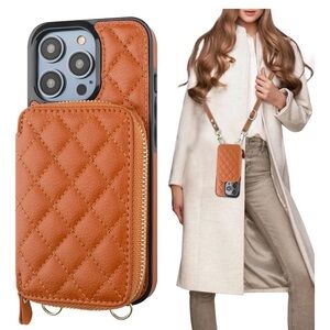 Brown Quilted Leather Phone Case Crossbody - iPhone 14 Pro
